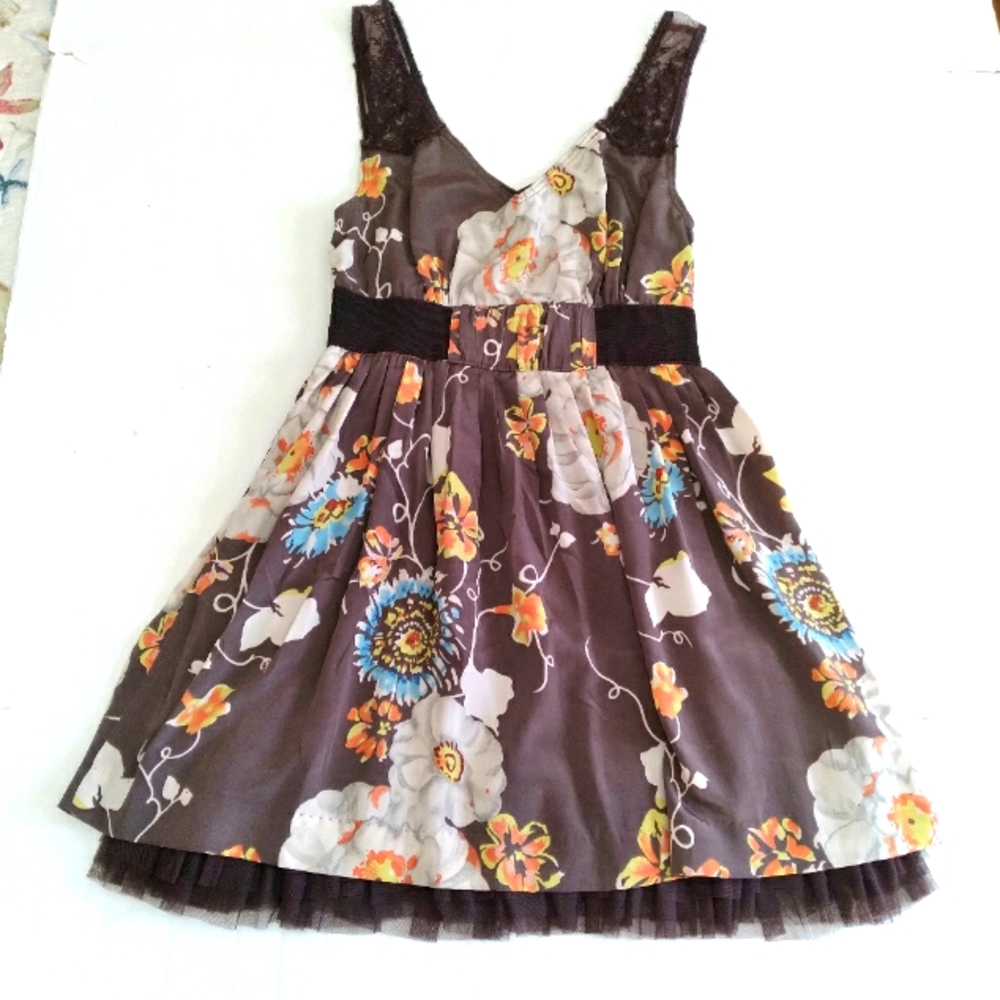 Free People Lace Strap Sleeveless Floral A-line Dress Brown Multi Tulle Trim 2 - Picture 2 of 13